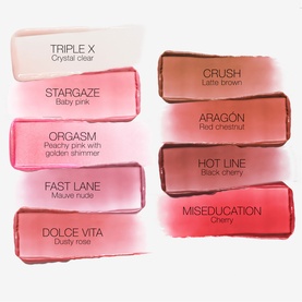 NARS Afterglow Lip Balm shade swatches including Triple X, Stargaze, Orgasm, Fast Lane, Dolce Vita, Crush, Aragon, Hot Line and Miseducation