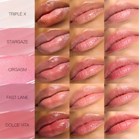 NARS Afterglow Lip Balm shade swatch grid showing Triple X, Stargaze, Orgasm, Fast Lane and Dolce Vita on lips