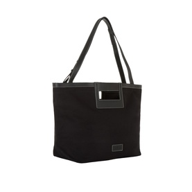 Max Mara Ecru Medium Beach Bag in black cotton, boxy silhouette with top handles, contrast stitching, silver-tone hardware and monogram logo detail