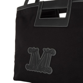 Max Mara Ecru Medium Beach Bag in black cotton with embroidered M monogram logo, contrast stitching, and leather-trim top handles