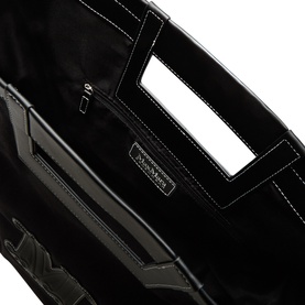 Max Mara Ecru Medium Beach Bag in black, interior view showing logo lining, zip pocket, and contrast stitching detail
