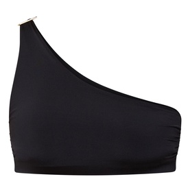 Max Mara black one-shoulder bikini top with gold hardware detail at neckline, ruched waistband, asymmetric silhouette.