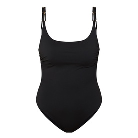 Max Mara black swimsuit with square neckline, adjustable double-ring shoulder straps, and ruched bust detail