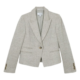 Reiss beige tweed blazer with single button fastening, notch lapels, front pockets, and gold embroidered sleeve buttons.