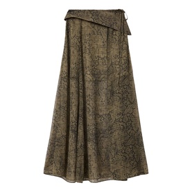 All Saints midi skirt in Sirius Gold, abstract snake-print, wrap-style with tie waist, flared silhouette