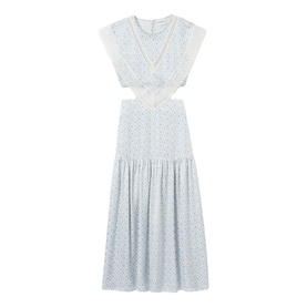 Claude Pierlot Womens French Dress in light print, sleeveless midi with cut-out waist detail and tiered skirt, delicate blue floral pattern
