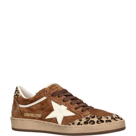 Golden Goose Ball Star 55732 brown suede trainers with leopard print heel, cream star, brown laces and cream sole