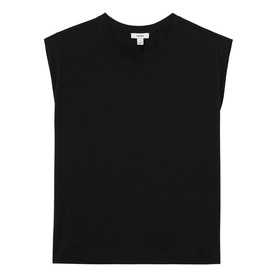 Reiss black sleeveless crew-neck top with structured shoulders, flat lay view