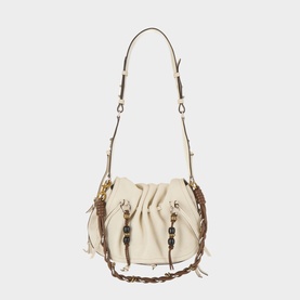 Isabel Marant Bolton Beaded Crossbody Bag in Chalk suede with braided strap, tassel and bead embellishments, and adjustable crossbody strap