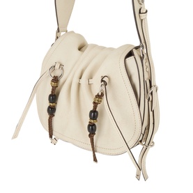 Isabel Marant Bolton Beaded Crossbody Bag in Chalk suede with gold-tone hardware, beaded tassels, and adjustable crossbody strap
