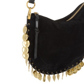 Isabel Marant Oskan Soft Zip Medallions Crossbody Bag in black suede, gold-tone coin medallion trim, stud edging, and zip fastening detail