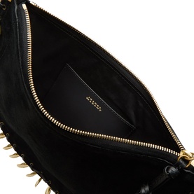 Isabel Marant Oskan Soft Zip Medallions Crossbody Bag in black suede, open interior view showing gold-tone zip and logo lining