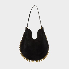 Isabel Marant Oskan Medallion Suede Hobo Bag in black with gold-tone medallion trim, single shoulder strap, and curved silhouette