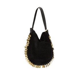 Isabel Marant Oskan Medallion Suede Hobo Bag in black with gold-tone coin medallion detailing along base and single shoulder strap