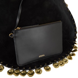 Isabel Marant Oskan Medallion Suede Hobo Bag in black, showing interior with black leather zip pouch and gold-tone medallion detailing along edge