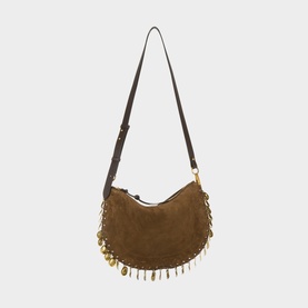 Isabel Marant Oskan Soft Zip Medallions Crossbody Bag in bronze suede with gold-tone hardware, medallion fringe trim, and adjustable crossbody strap