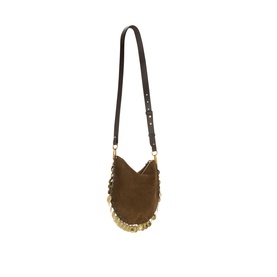 Isabel Marant Oskan Soft Zip Medallions Crossbody Bag in bronze suede with gold-tone medallion trim, adjustable dark crossbody strap