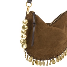 Isabel Marant Oskan Soft Zip Medallions Crossbody Bag in bronze suede, gold-tone coin medallion trim and hardware detail visible