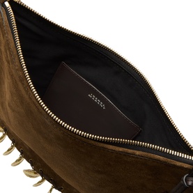 Isabel Marant Oskan Soft Zip Medallions Crossbody Bag in bronze suede, open interior view showing black lining and gold-tone zip