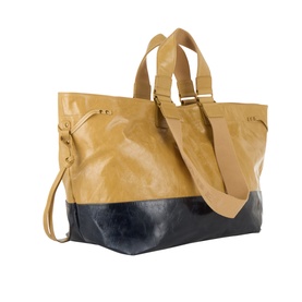 Isabel Marant Wardy Patchwork Leather Tote Bag in beige and navy two-tone leather, gold-tone hardware, top handles and detachable shoulder strap