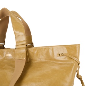 Isabel Marant Wardy Patchwork Leather Tote Bag in beige, close-up of gold-tone hardware, tie detail and top carry handles