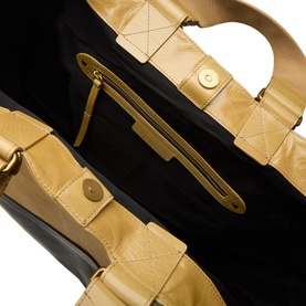 Isabel Marant Wardy Patchwork Leather Tote Bag in beige and navy, interior view showing black lining, zip pocket and gold-tone hardware