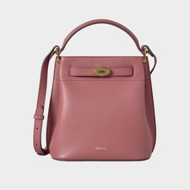 Mulberry Islington Bucket Bag in Pink Scrumpy leather with gold-tone Postman's Lock clasp, top handle and adjustable crossbody strap