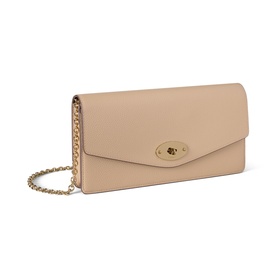 Mulberry Darley Clutch in Crumpet leather with gold-tone Postman's Lock closure and detachable gold chain strap