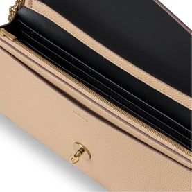 Mulberry Darley Clutch in Crumpet leather, open to reveal black interior, with gold-tone Postman's Lock closure and chain strap detail