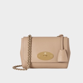 Mulberry Lily Small Crossbody Bag in Crumpet leather, gold-tone postman's lock closure, woven leather and chain shoulder strap