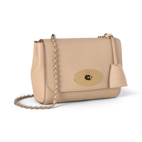 Mulberry Lily Small Crossbody Bag in Crumpet leather, gold-tone postman's lock closure, woven leather and chain strap, hanging fob detail