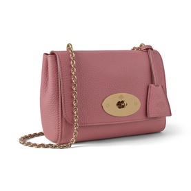 Mulberry Lily Small Crossbody Bag in Pink Scrumpy pebbled leather, gold-tone postman's lock closure, woven leather and chain strap, hanging fob detail