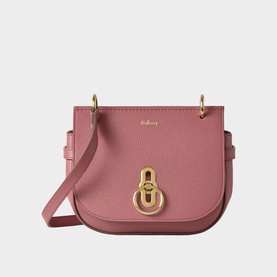 Mulberry Amberley Small Satchel in Pink Scrumpy leather, gold-tone rider's lock closure, adjustable crossbody strap
