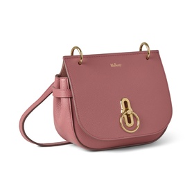 Mulberry Amberley Small Satchel in Pink Scrumpy leather with gold-tone Rider's lock closure, ring hardware, and adjustable shoulder strap