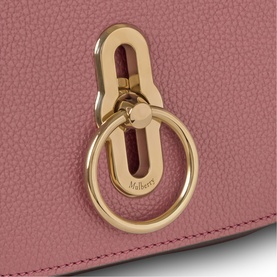 Mulberry Amberley Small Satchel in Pink Scrumpy, close-up of soft gold-tone Rider's lock closure on pebbled leather