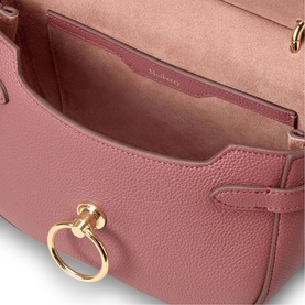 Mulberry Amberley Small Satchel in Pink Scrumpy pebbled leather, open showing suede lining and interior, gold-tone ring hardware detail