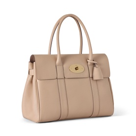 Mulberry Bayswater Small Top Handle Bag in Crumpet leather with dual top handles, postman's lock closure, and soft gold-tone hardware