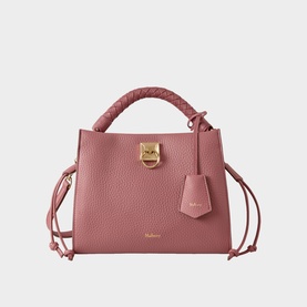 Mulberry Iris Small Top Handle Bag in Pink Scrumpy pebbled leather, braided top handle, gold-tone keystone lock, detachable fob, adjustable side ties