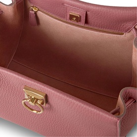 Mulberry Iris Small Top Handle Bag in Pink Scrumpy, open interior view showing suede lining, internal pocket, and gold-tone keystone lock hardware.