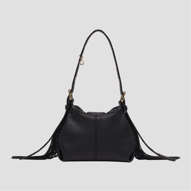 Maje bag in red with fringe detail, gold-tone hardware, and single shoulder strap
