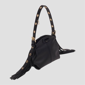Maje black leather shoulder bag with gold eyelet-studded strap, fringe tassel details, and gold-tone hardware