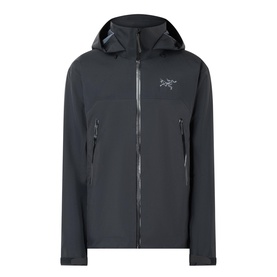Arc'teryx black hooded zip-through softshell jacket with chest logo, zip pockets and fitted silhouette