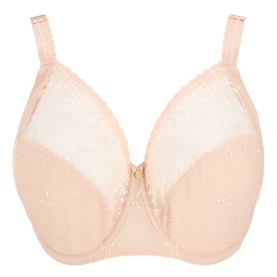 Chantelle Full Cup Bra in Golden Beige, floral lace upper cups, smooth lower cups, thin adjustable straps, centre front closure