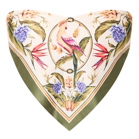 Farm Rio Strelitzia Printed Handkerchief Bikini Top in Light Blush, botanical bird and floral print with olive green stripe trim