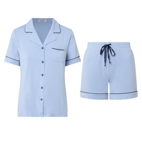 Gingerlilly Sadie Contrast Piping Pyjama Set in blue, short-sleeve notch lapel top and shorts with navy contrast piping and drawstring waist
