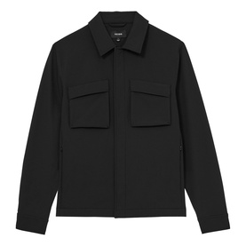Reiss black zip-through overshirt with spread collar and twin chest patch pockets, long-sleeved relaxed fit