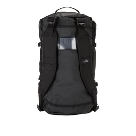 North Face Base Camp Logo Duffel Bag in black, rear view showing padded back panel, top handle, adjustable shoulder straps and black hardware
