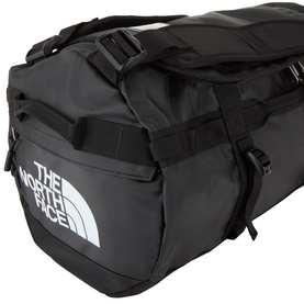 North Face Base Camp Logo Duffel Bag in black, showing white logo branding, black hardware buckles and DWR-coated polyester shell.