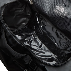 North Face Base Camp Logo Duffel Bag in black, showing open interior with black zip compartment and mesh storage pocket detail.