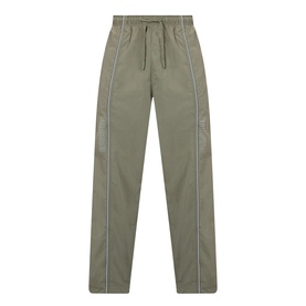 Pleasures Sound Logo Track Pants in olive, tapered-leg with white contrast piping, elasticated drawstring waistband, flat lay view